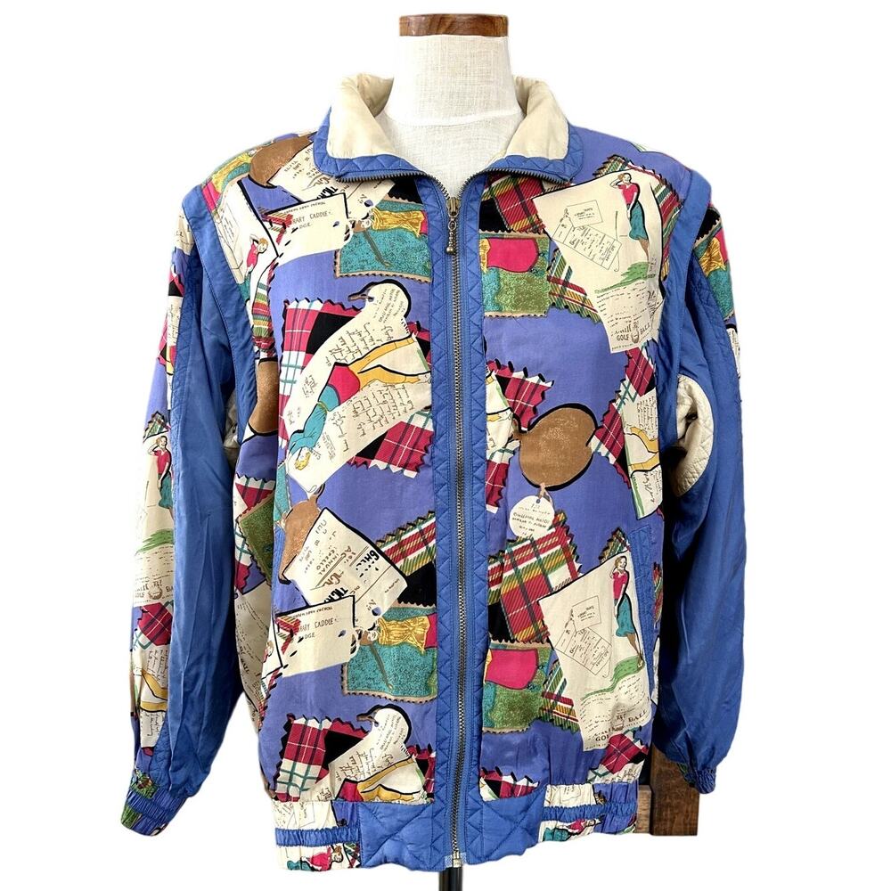 NWT 90s Silk Novelty Golf Print Convertible Jacket Vest Mureli Size S Maximalist